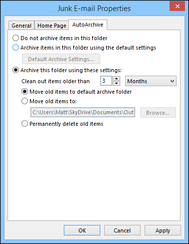Окно свойств папки с вкладкой AutoArchive для включения автоархивирования по расписанию