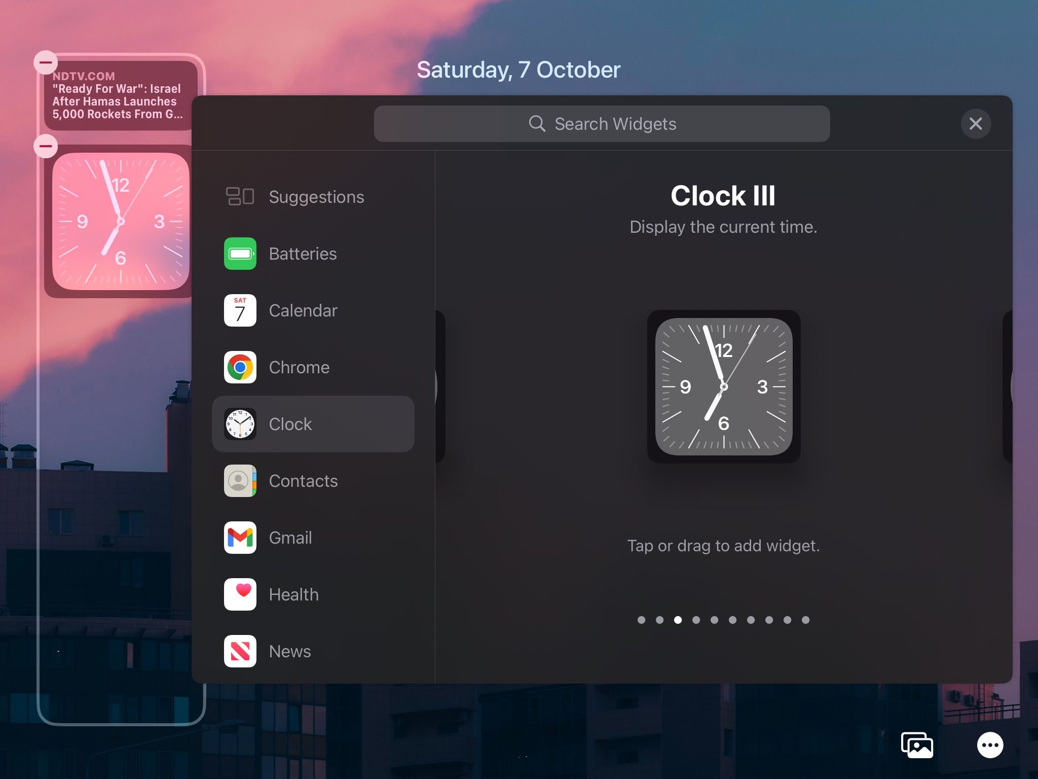 Список виджетов экрана блокировки iPadOS 17 с возможностью выбора