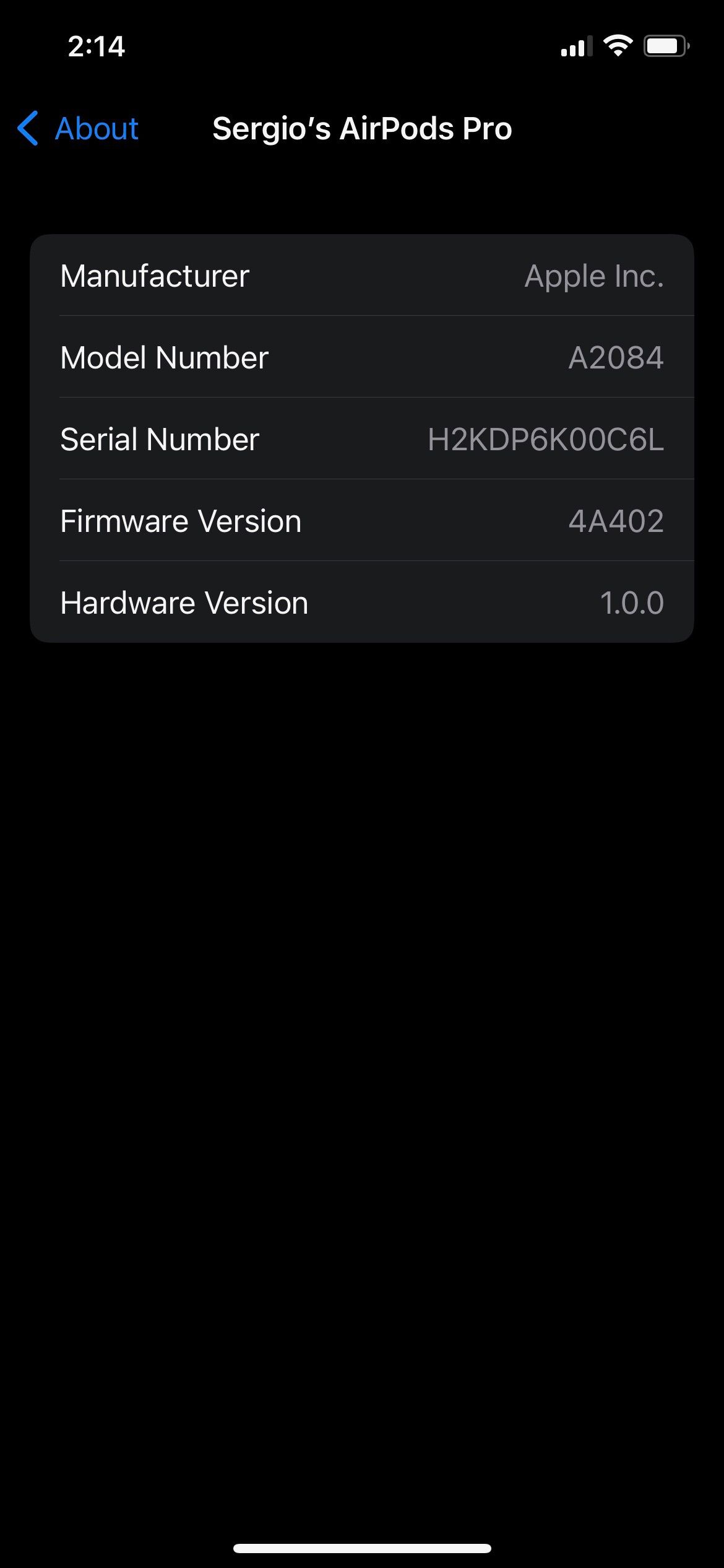 Информация об AirPods Pro в iPhone