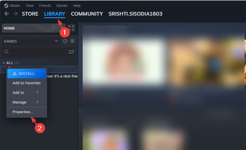Свойства игры в библиотеке Steam