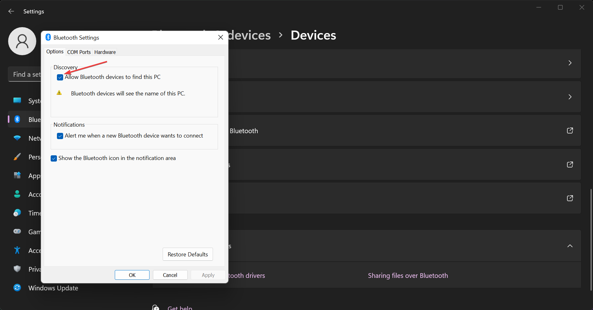 allow Bluetooth devices to find this pc