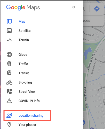 Меню веб‑версии Google Maps с опцией совместного использования местоположения