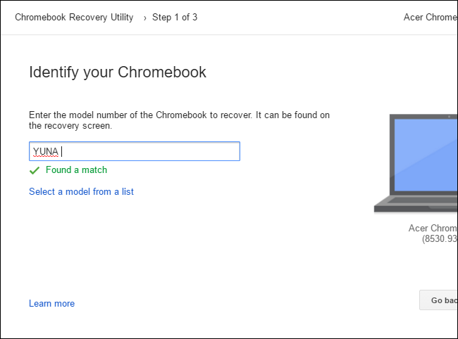 Chromebook Recovery Utility: выбор модели устройства
