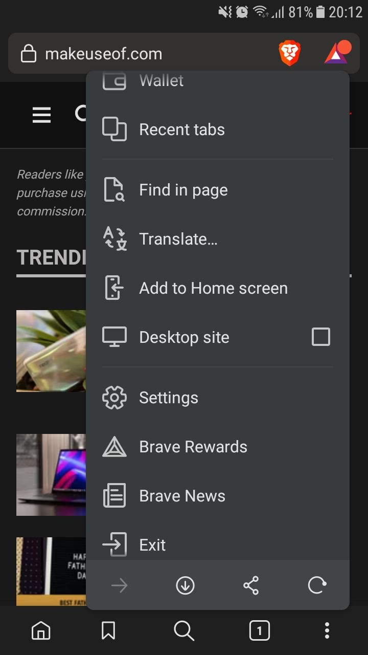 Настройки фона Brave на мобильном устройстве — экран выбора