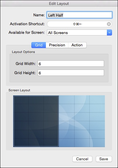 Панель настройки отдельного макета с настройкой размеров и горячих клавиш