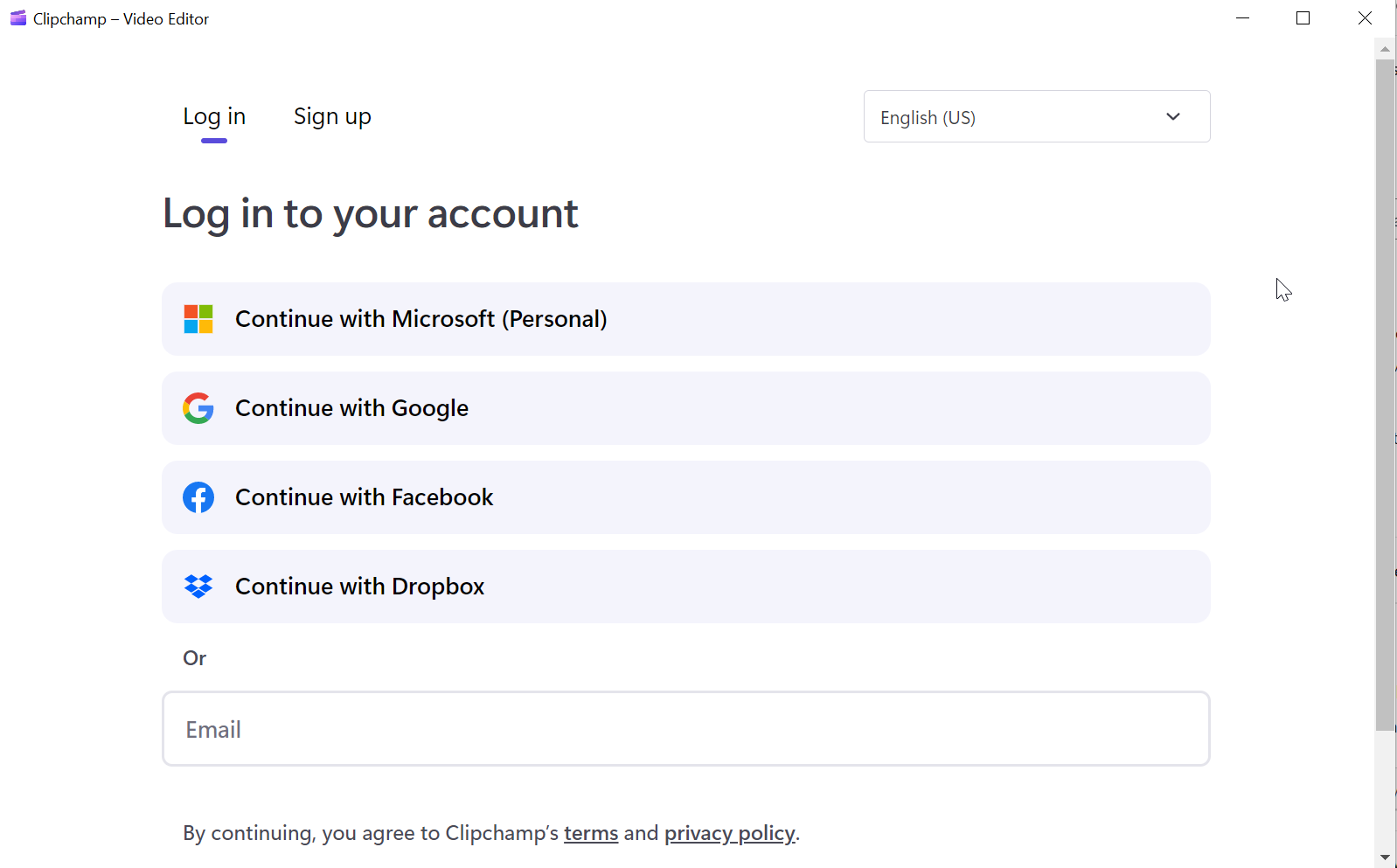 Экран входа Clipchamp
