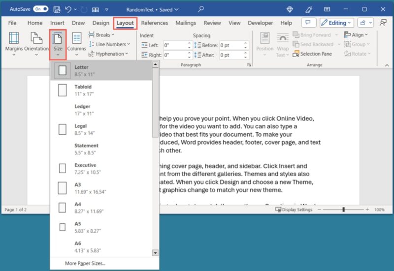Размер на вкладке Макет в Word на Windows