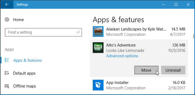 Список приложений с кнопкой Переместить в Windows 10
