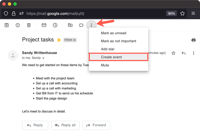 Меню Gmail — выбрать «Create event»
