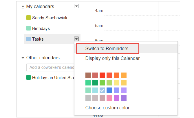 Переключение между задачами и напоминаниями в Google Calendar