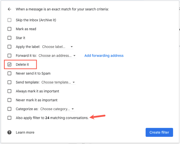 Опция Удалить отмечена