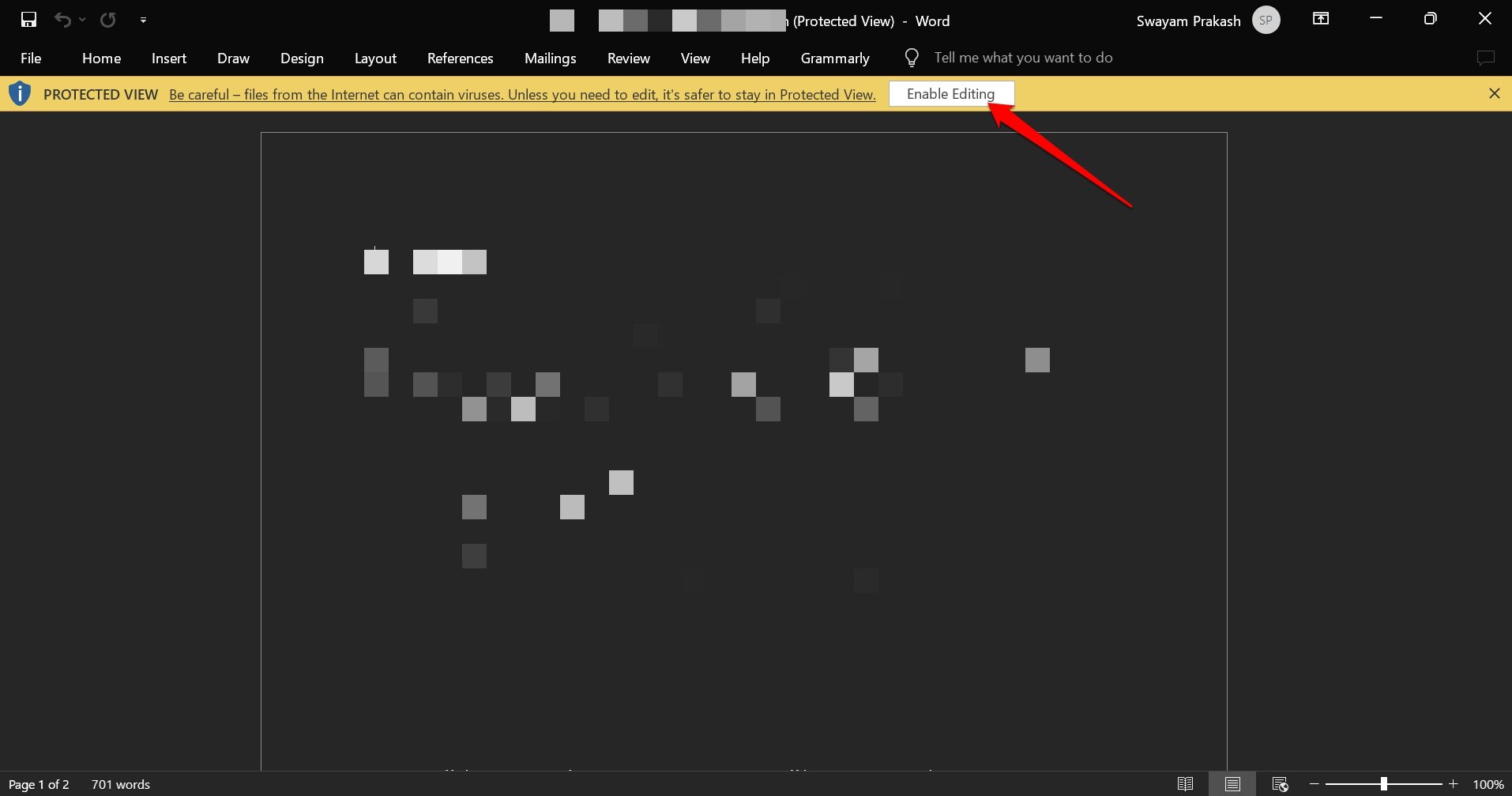 MS Wordで編集を有効にするボタンの例