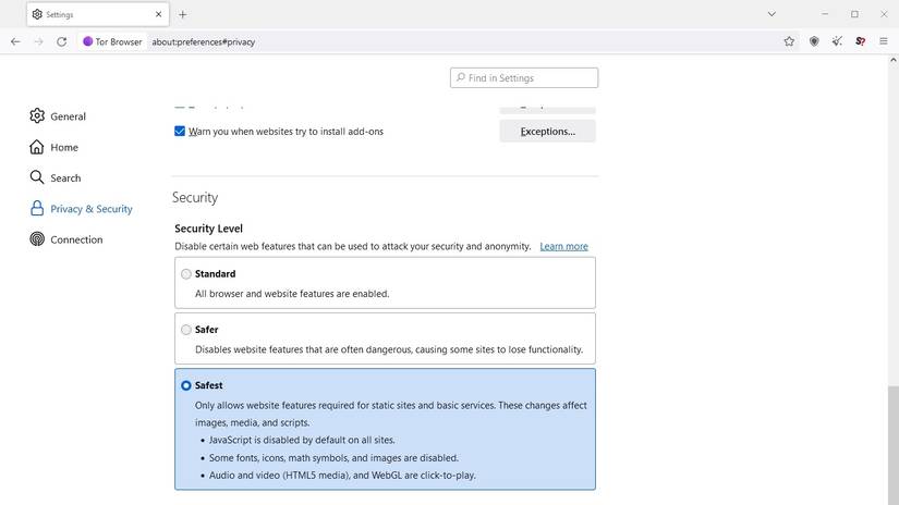Tor Browser: настройка JavaScript через меню настроек