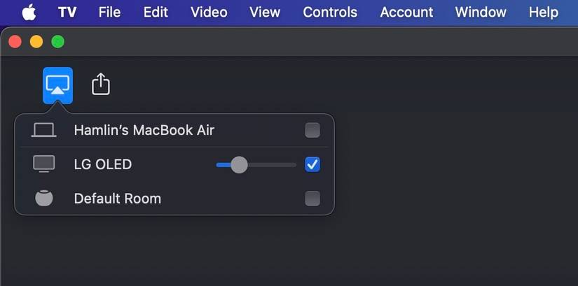Отмена выбора устройства AirPlay на Mac