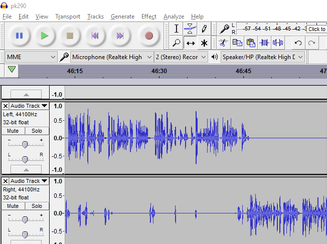 Интерфейс Audacity с дорожками и панелью инструментов