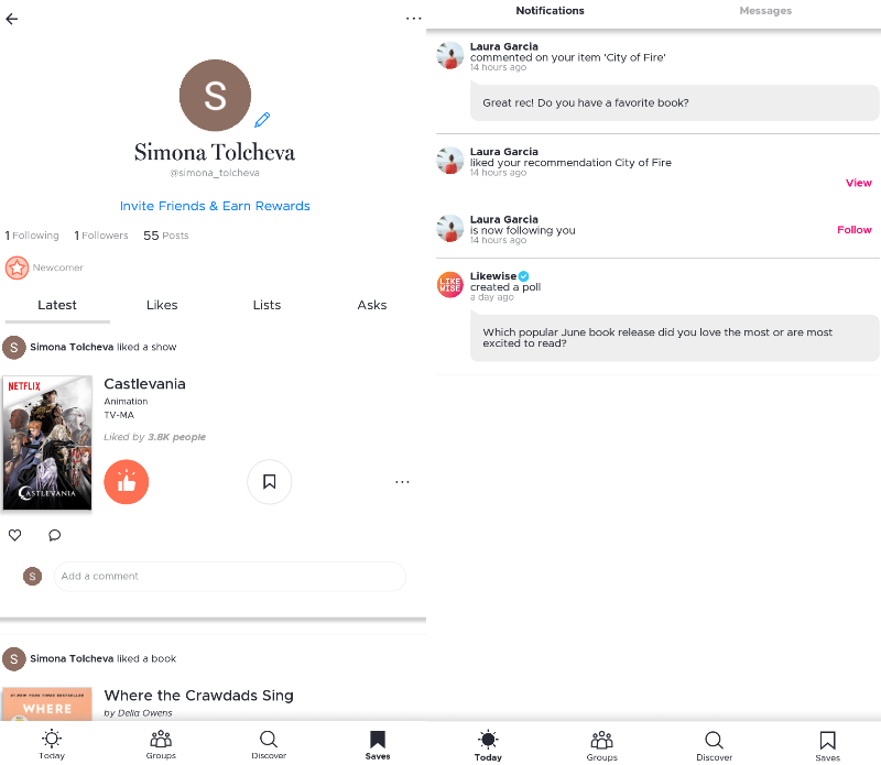 Профиль и уведомления в Likewise