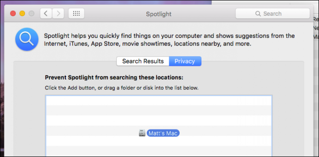 Добавление диска в список «Конфиденциальность» Spotlight