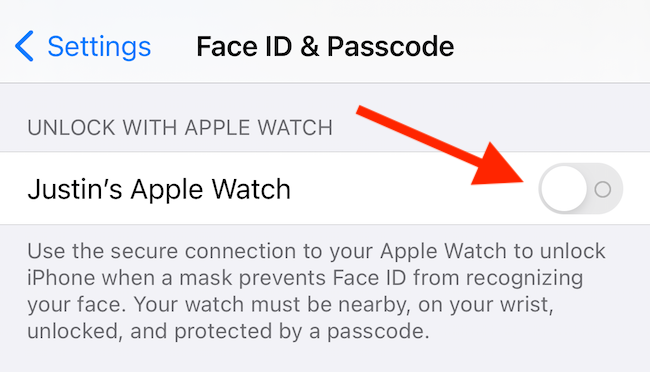 Включите параметр Apple Watch под заголовком Unlock With Apple Watch