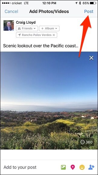 Публикация 360 фото: добавить подпись и нажать Опубликовать
