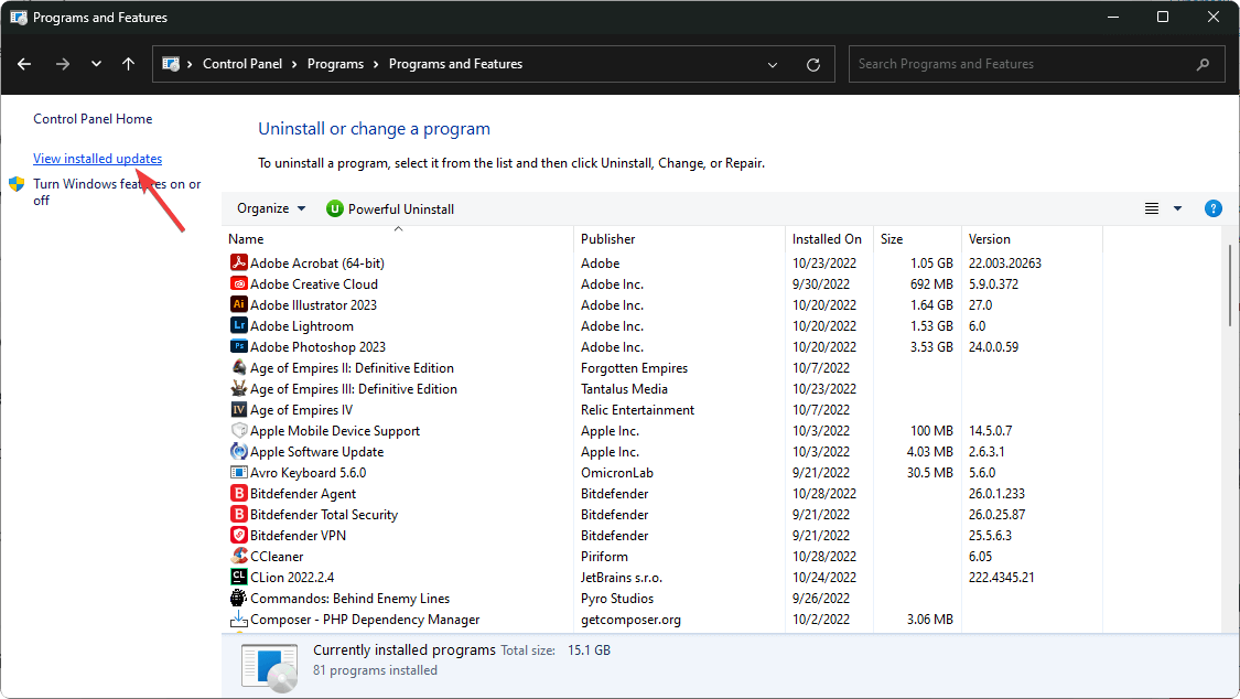 Иллюстрация: список установленных обновлений в Панели управления