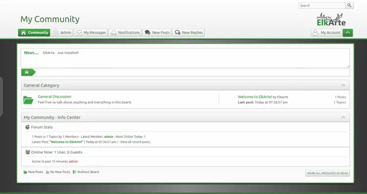 Панель управления ElkArte после установки