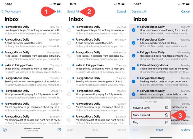 Выделение всех писем для пометки как прочитанных на iPhone.