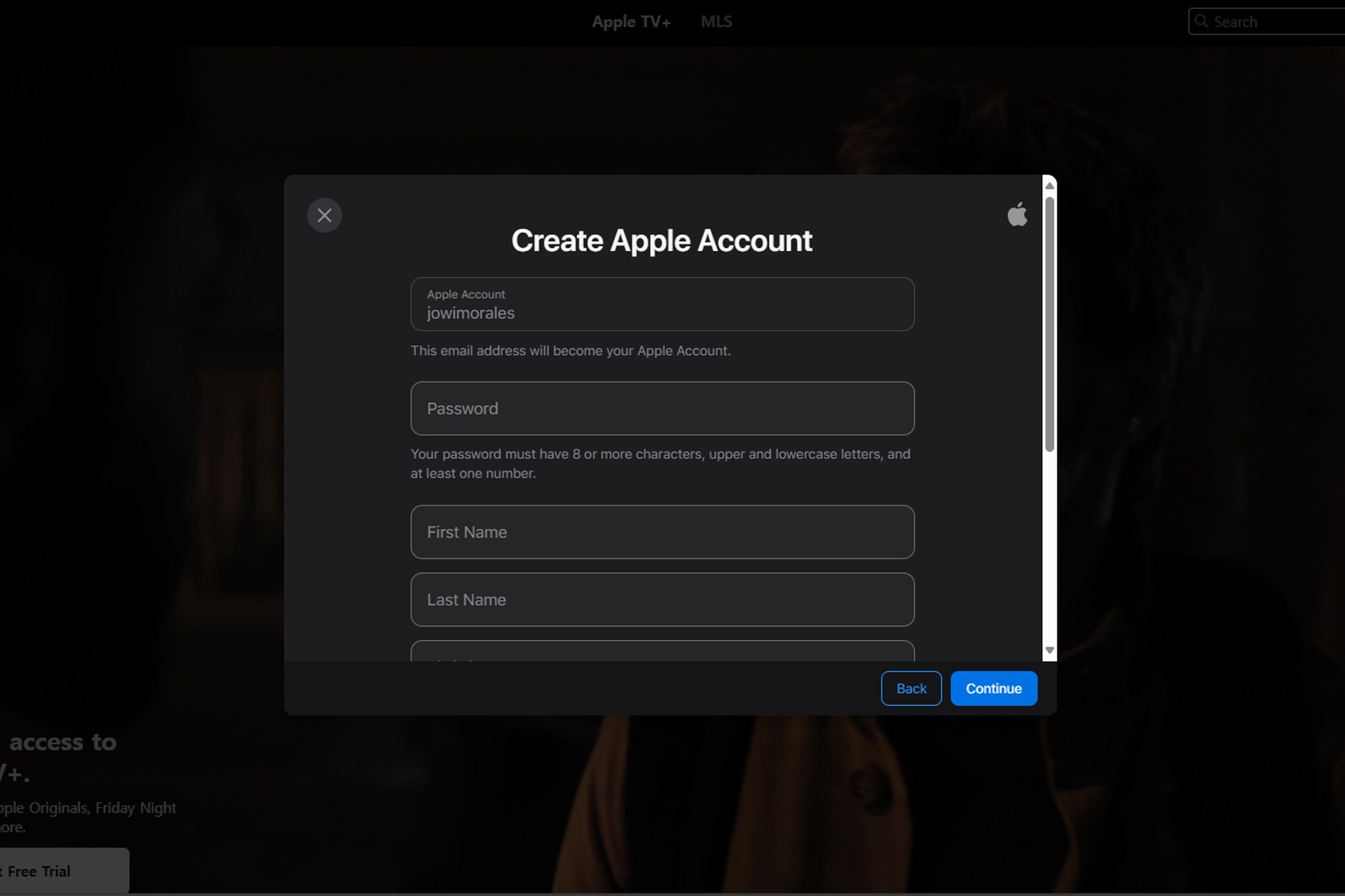 Создание учётной записи Apple TV+ на веб-сайте.
