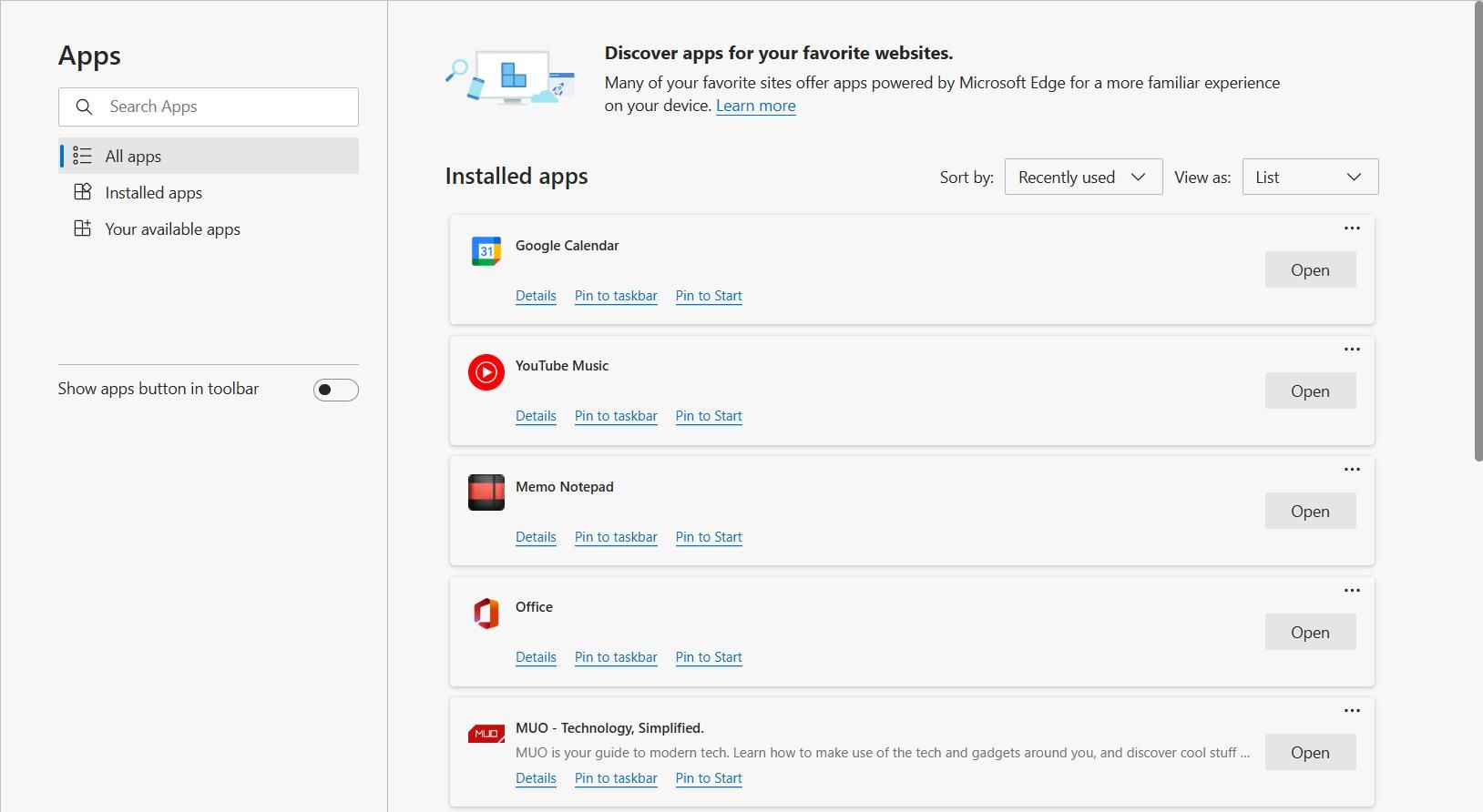 Страница приложений Microsoft Edge