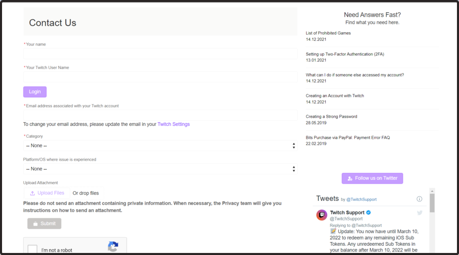 форма тикета Twitch