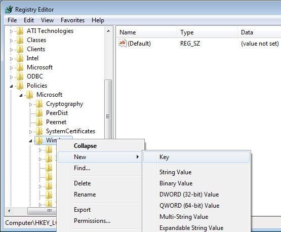 Создание нового ключа WindowsUpdate в реестре