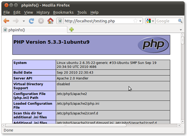 Успешная проверка PHP через phpinfo