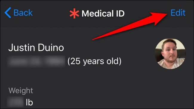 Кнопка Изменить в Medical ID