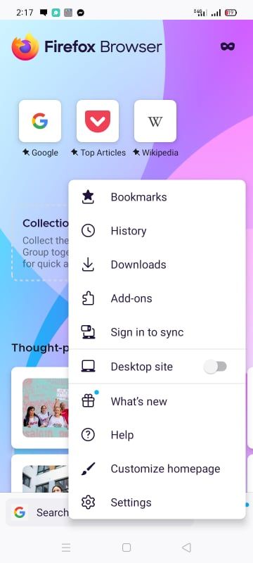 Открытие настроек Firefox на Android