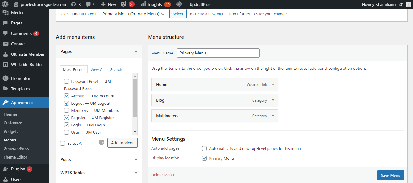 Добавление выбранных страниц в меню сайта