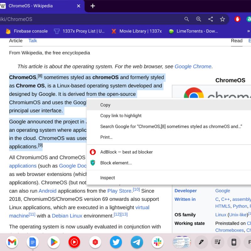 контекстное меню копирования текста на Chromebook