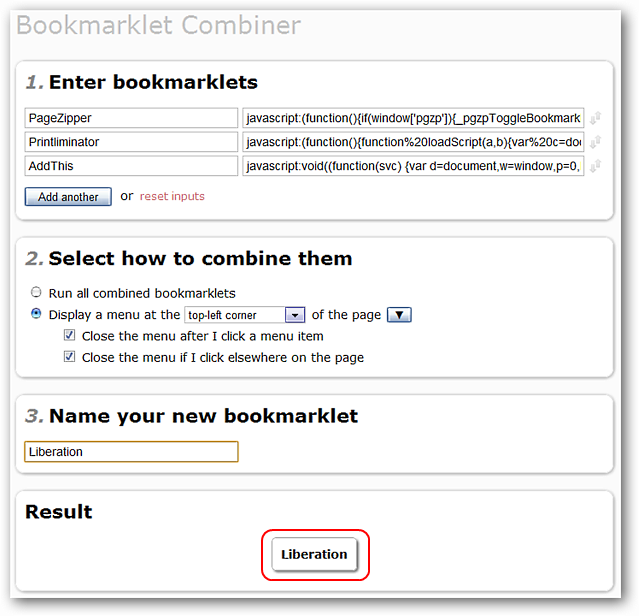 Диалог создания комбинированного букмарклета