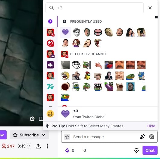 Пример дополнительных эмодзи BetterTTV в чате Twitch