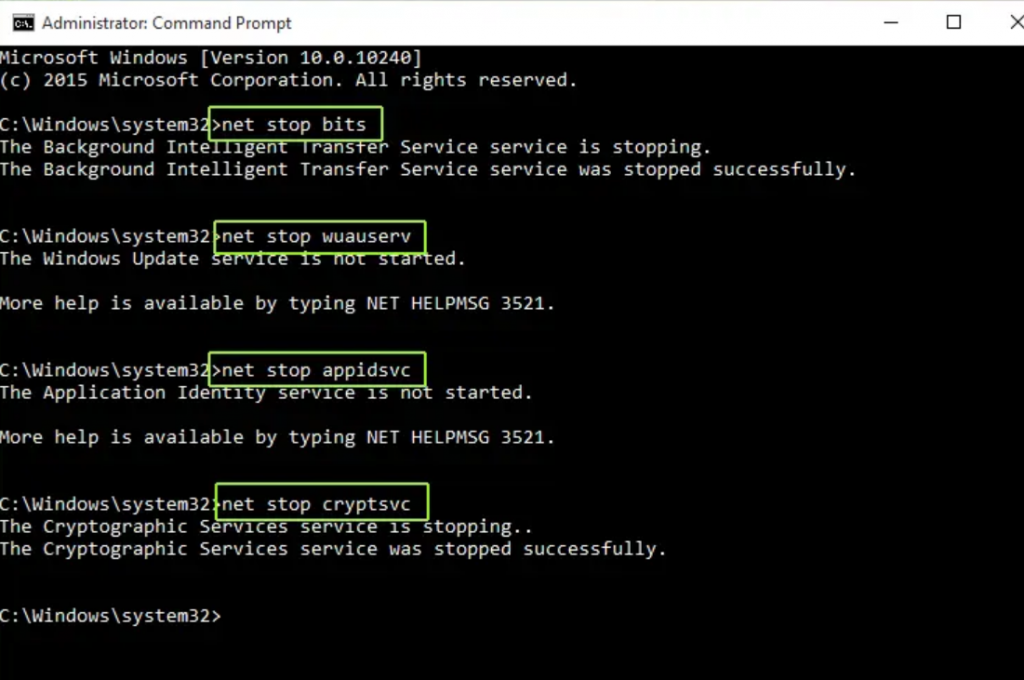 Prompt dei comandi con comandi per arrestare servizi Windows Update
