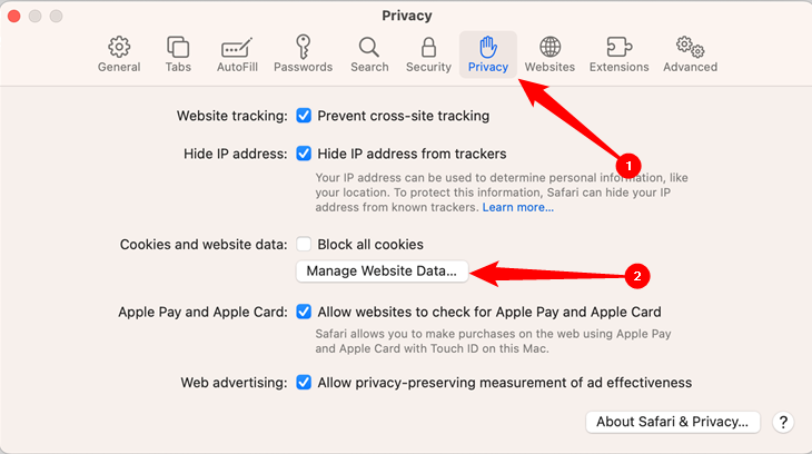 Настройки Safari: вкладка Конфиденциальность, кнопка Управление данными сайтов
