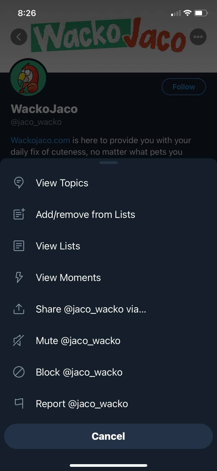 скриншот меню профиля с опциями