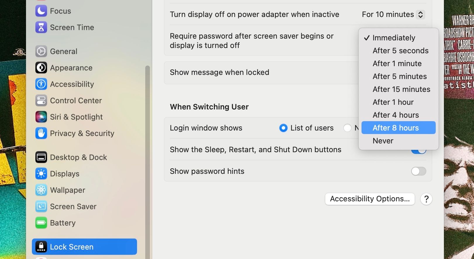 Скриншот настроек блокировки экрана в macOS