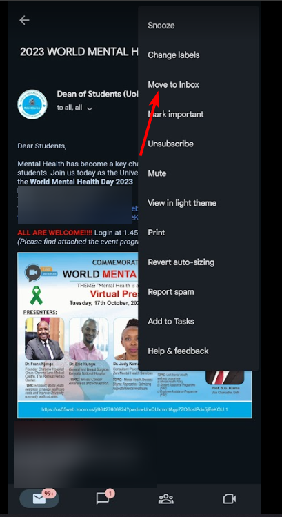 Кнопка меню письма в мобильном Gmail для перемещения во входящие