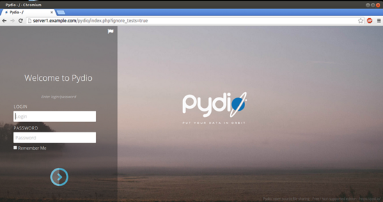 Экран входа в Pydio