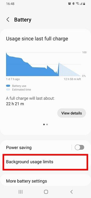 Opciones de Límites de uso en segundo plano en Samsung
