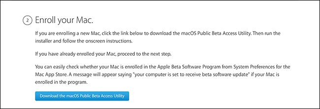 Окно регистрации Mac для бета‑тестирования macOS