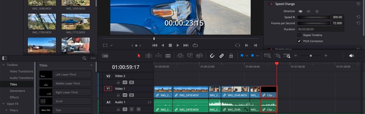 Опция изменения скорости в инспекторе DaVinci Resolve