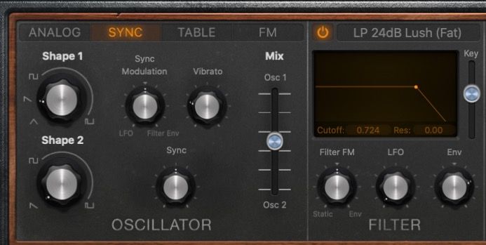 Разделы Sync-осциллятора и фильтра в Retro Synth