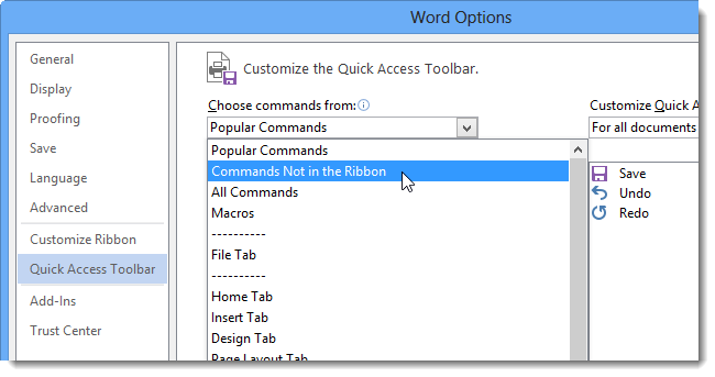 Выбор «Commands Not in the Ribbon» для упрощения поиска