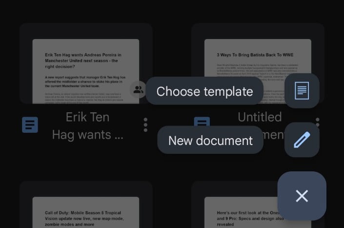 Создать новый документ в мобильном приложении Google Docs