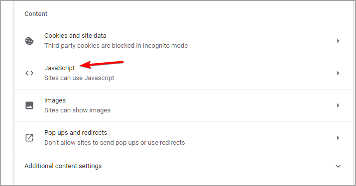 Снимок экрана: JavaScript настройки Chrome